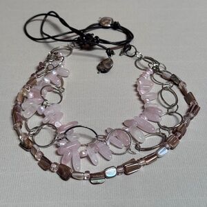 Rose quartz & mother-of-pearl statement necklace, silver chain & leather cord